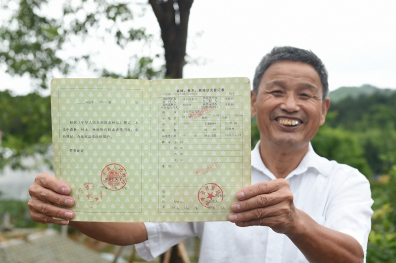 2017年6月13日，福建武平縣萬安鎮(zhèn)捷文村村民李桂林展示林權改革后領到的全國第一本新式林權證。