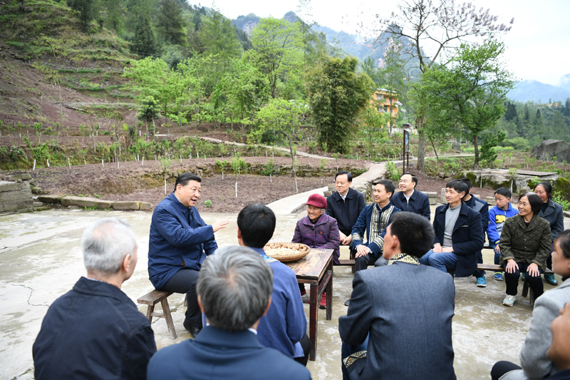 2019年4月15日至17日，中共中央總書記、國家主席、中央軍委主席習(xí)近平在重慶考察，并主持召開解決“兩不愁三保障”突出問題座談會(huì)。這是4月15日下午，習(xí)近平在石柱土家族自治縣中益鄉(xiāng)華溪村同村民代表、基層干部、扶貧干部、鄉(xiāng)村醫(yī)生等圍坐在一起，共話脫貧攻堅(jiān)。新華社記者 謝環(huán)馳 攝