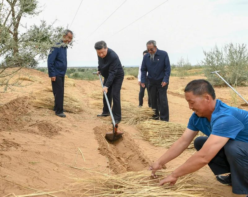 2019年8月21日，習(xí)近平來(lái)到甘肅省武威市古浪縣八步沙林場(chǎng)，實(shí)地察看當(dāng)?shù)刂紊吃炝?、生態(tài)保護(hù)等情況。新華社記者 謝環(huán)馳 攝