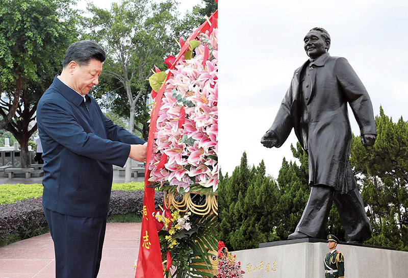 2020年10月14日，習(xí)近平總書記向深圳蓮花山公園鄧小平同志銅像敬獻(xiàn)花籃。